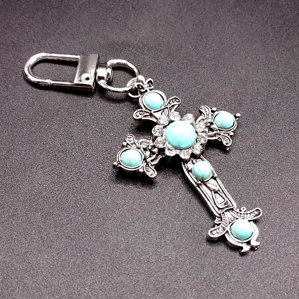 Stainless Steel Key Chain Turquoise CZ Cross Pendant Southwestern Boho Jewelry